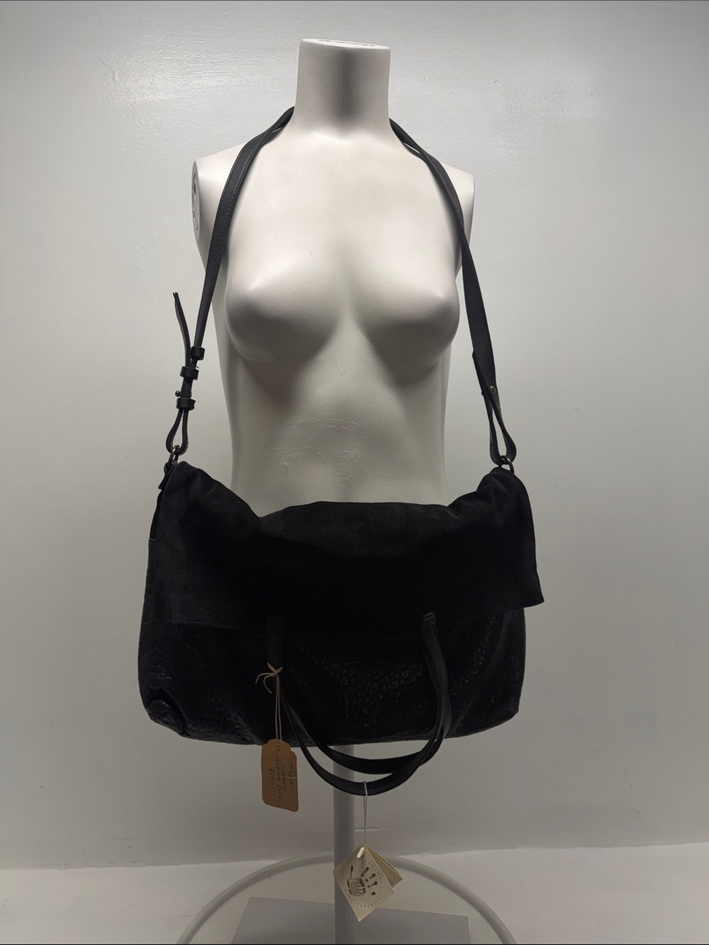 49 Square Miles Fold Over Leather Suede Crossbody Tote Purse Bag Black New - Picture 2 of 12